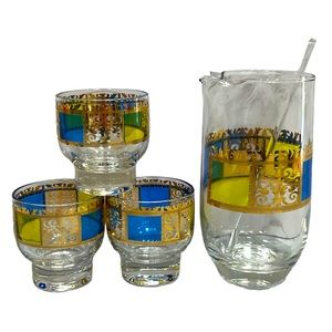 Culver Riviera Cocktail pitcher, stir stick & 3 footed cocktail drinking glasses